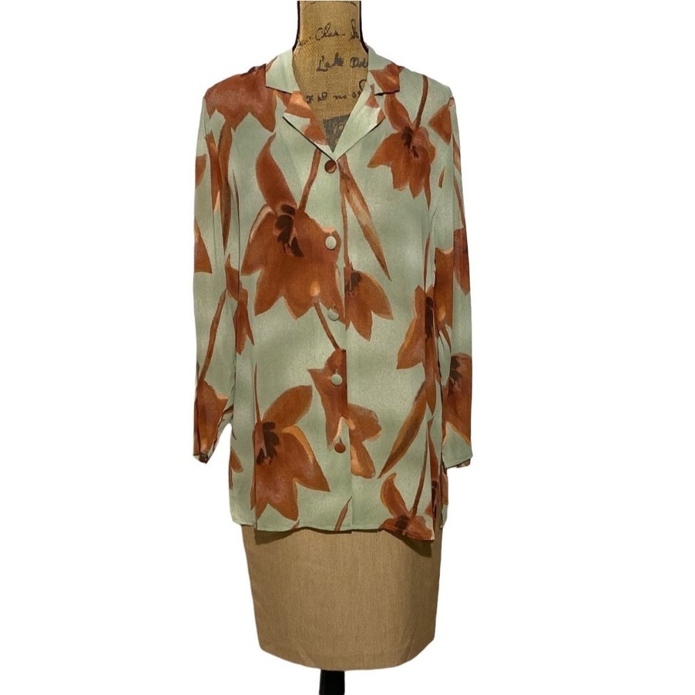 Richards Long Tunic Blouse Pencil Skirt Vintage 12 M Work Sage‎ Green Floral
